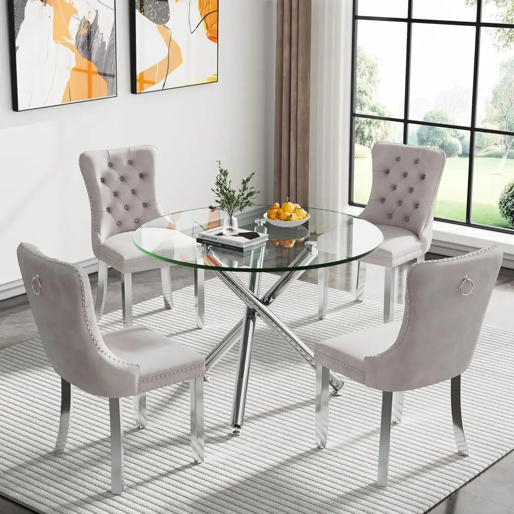 Modern 4-5 Piece Glass Dining Set with Beige Velvet Chairs & Stainless Steel Legs
Modern 4-5 Piece Glass Dining Set with Beige Velvet Chairs & Stainless Steel Legs