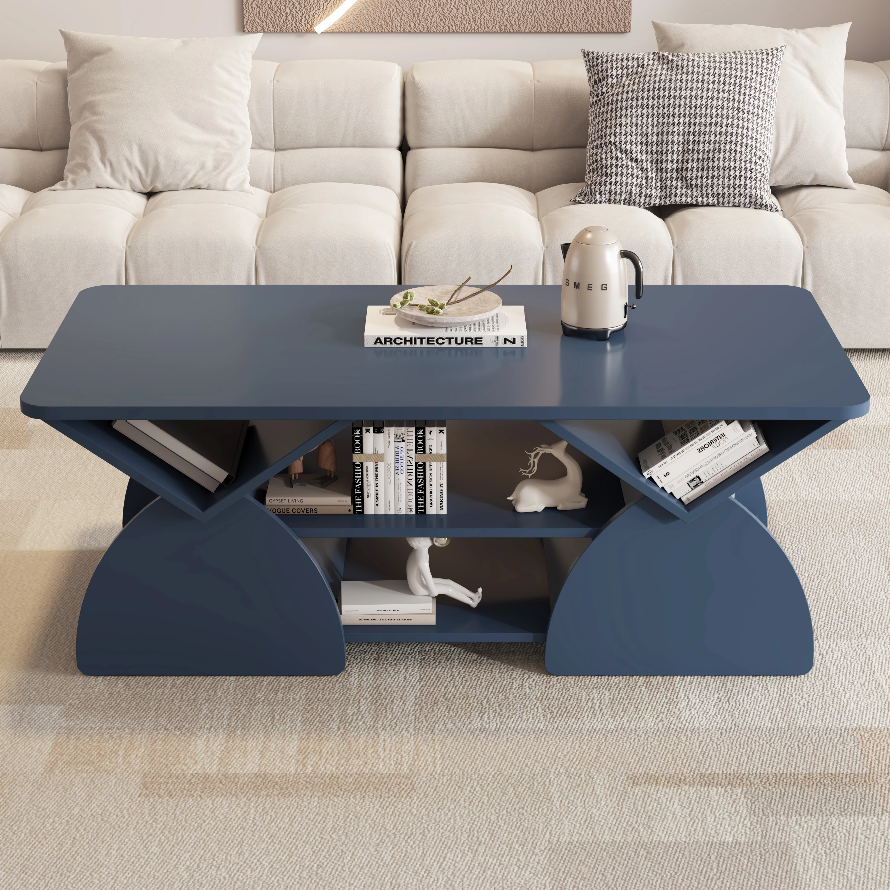Engineered wood rounded corner rectangular coffee table for living room, easy assembly storage table with open shelves sturdy frame for Reception Room, Modern Coffee Table Geometric Design BLUE
Engineered wood rounded corner rectangular coffee table for living room, easy assembly storage table with open shelves sturdy frame for Reception Room, Modern Coffee Table Geometric Design BLUE