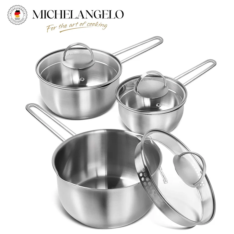 MICHELANGELO 6Pcs Saucepan Set 1QT/2QT/3QT Stainless Steel Nonstick Milk Pot with Lid & Pour Spout Tri-Ply Bottom Sauce Pan Set
MICHELANGELO 6Pcs Saucepan Set 1QT/2QT/3QT Stainless Steel Nonstick Milk Pot with Lid & Pour Spout Tri-Ply Bottom Sauce Pan Set