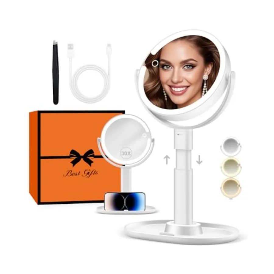 Vanity Mirror with Lights, 30X Magnifying Makeup Mirror with 3 Lighting and Adjustable Brightness, Rechargeable 2-Sided Height
Vanity Mirror with Lights, 30X Magnifying Makeup Mirror with 3 Lighting and Adjustable Brightness, Rechargeable 2-Sided Height