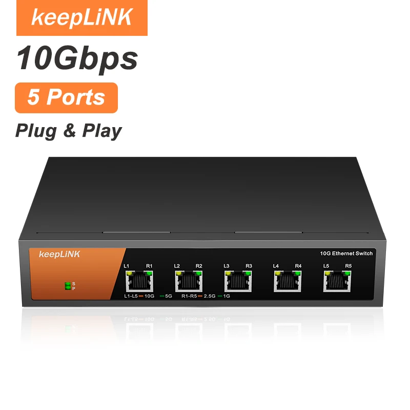 KeepLiNK 5 Port 10Gb Unmanaged Ethernet Switch Desktop/Wall-Mount Plug and Play Sturdy Metal Casing
KeepLiNK 5 Port 10Gb Unmanaged Ethernet Switch Desktop/Wall-Mount Plug and Play Sturdy Metal Casing