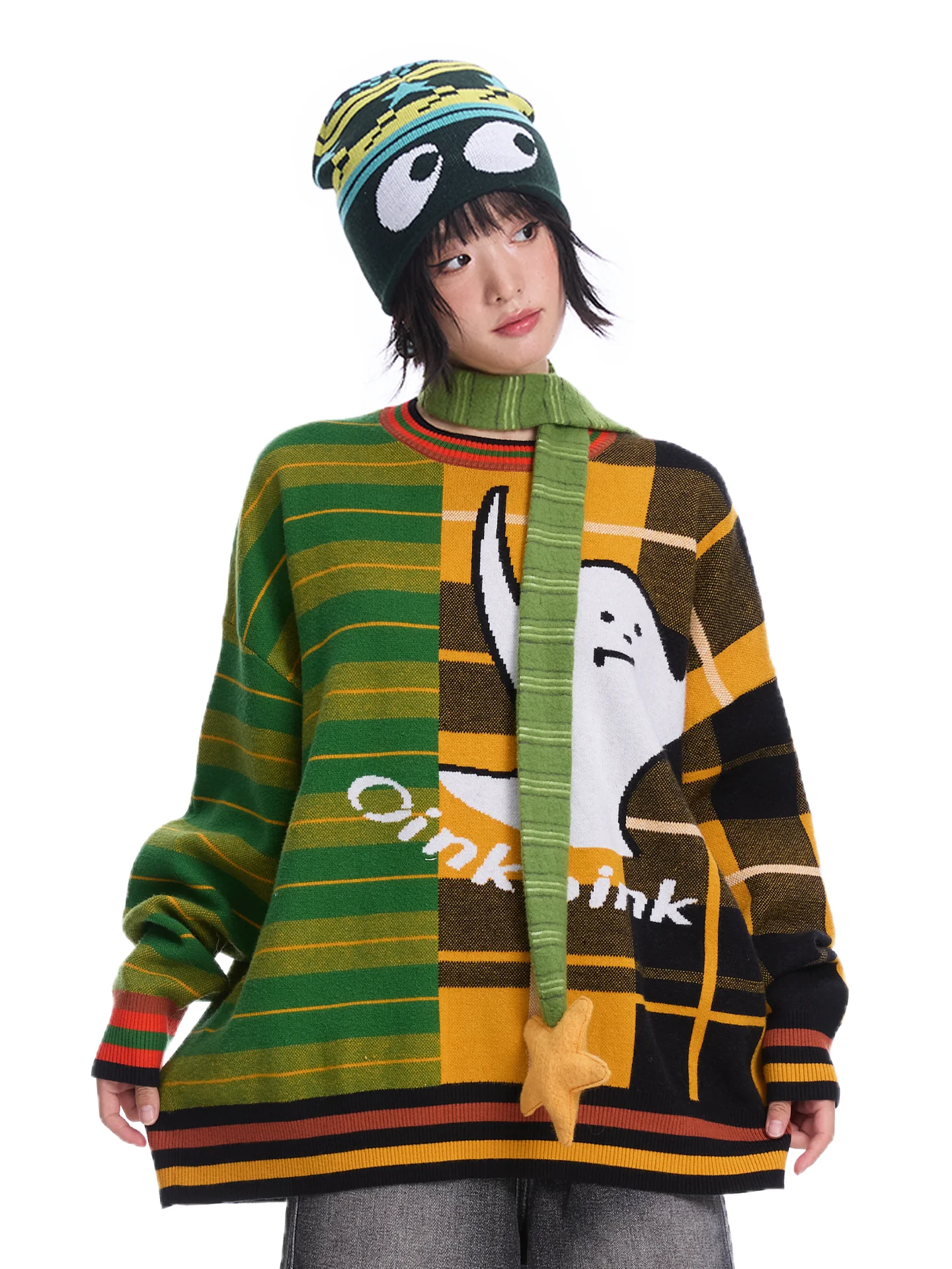 Oink Oink Ghost Pattern Knitted Sweater Dual Color Plaid Tearable Cartoon Print Loose Fit Women's Faion Autumn Wear
Oink Oink Ghost Pattern Knitted Sweater Dual Color Plaid Tearable Cartoon Print Loose Fit Women's Faion Autumn Wear