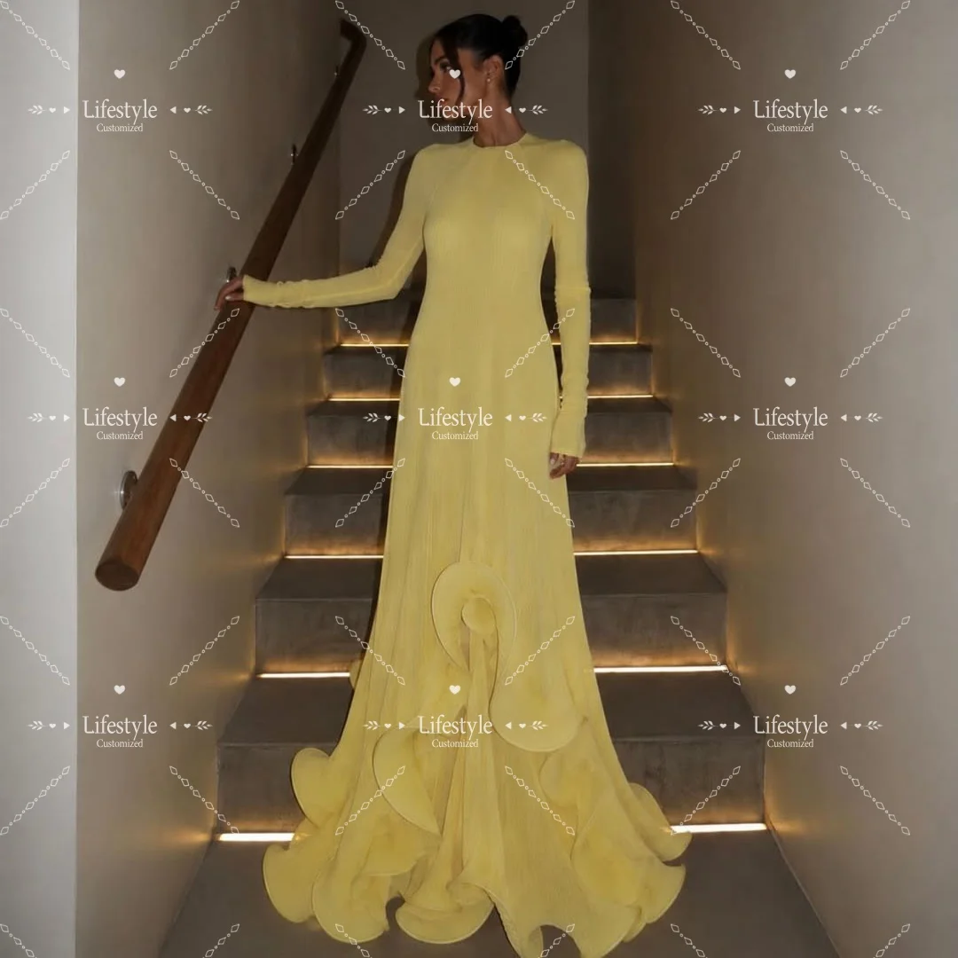 Customized Yellow Long SleevesProm Dresses Ruffles Round Neck Evening Dress Chiffon Wedding Formal Party Gown
Customized Yellow Long SleevesProm Dresses Ruffles Round Neck Evening Dress Chiffon Wedding Formal Party Gown