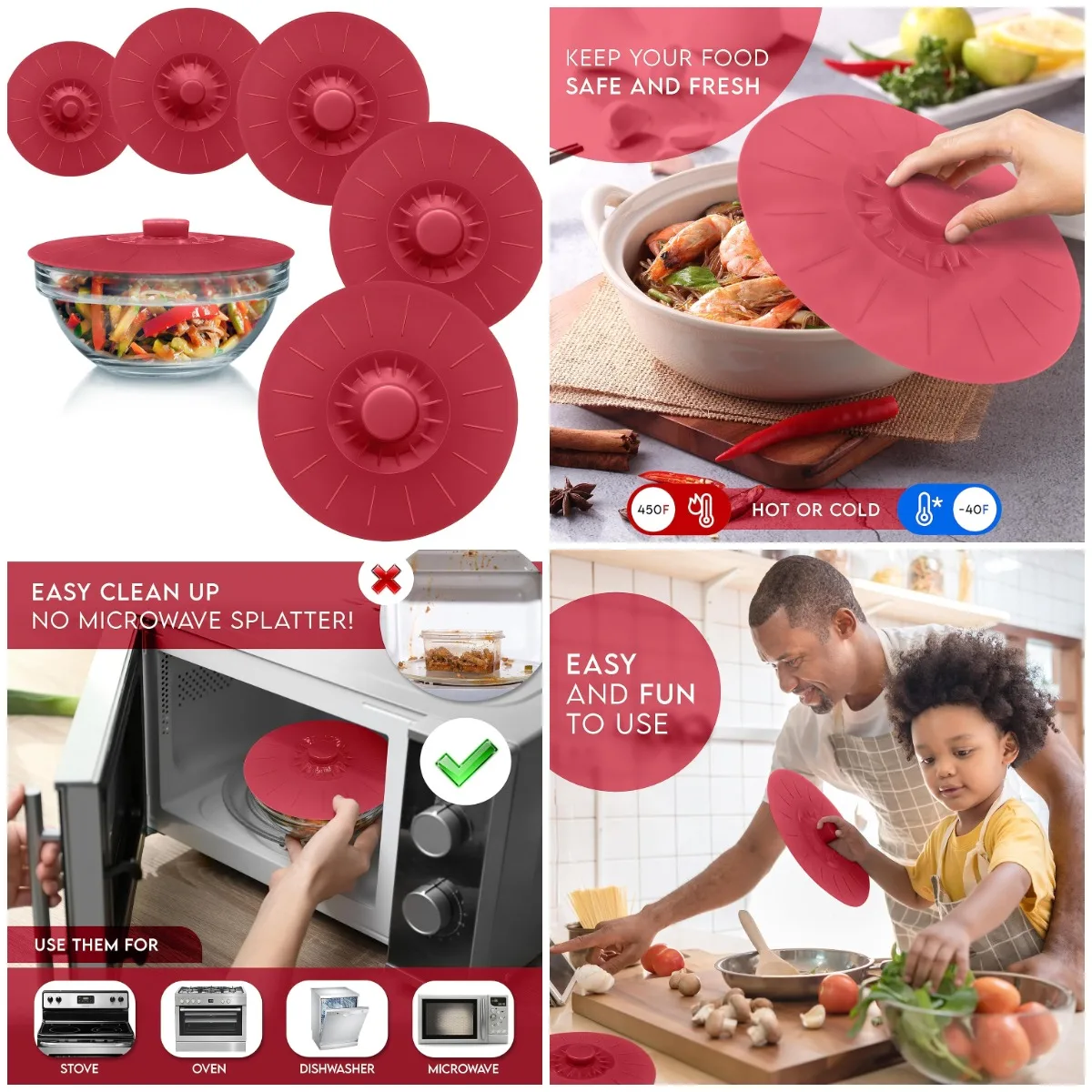 Silicone Bowl Lids Red, Set of 5 Reusable Suction Covers for Bowls & Cups, Food Safe, Interlocking Handles
Silicone Bowl Lids Red, Set of 5 Reusable Suction Covers for Bowls & Cups, Food Safe, Interlocking Handles