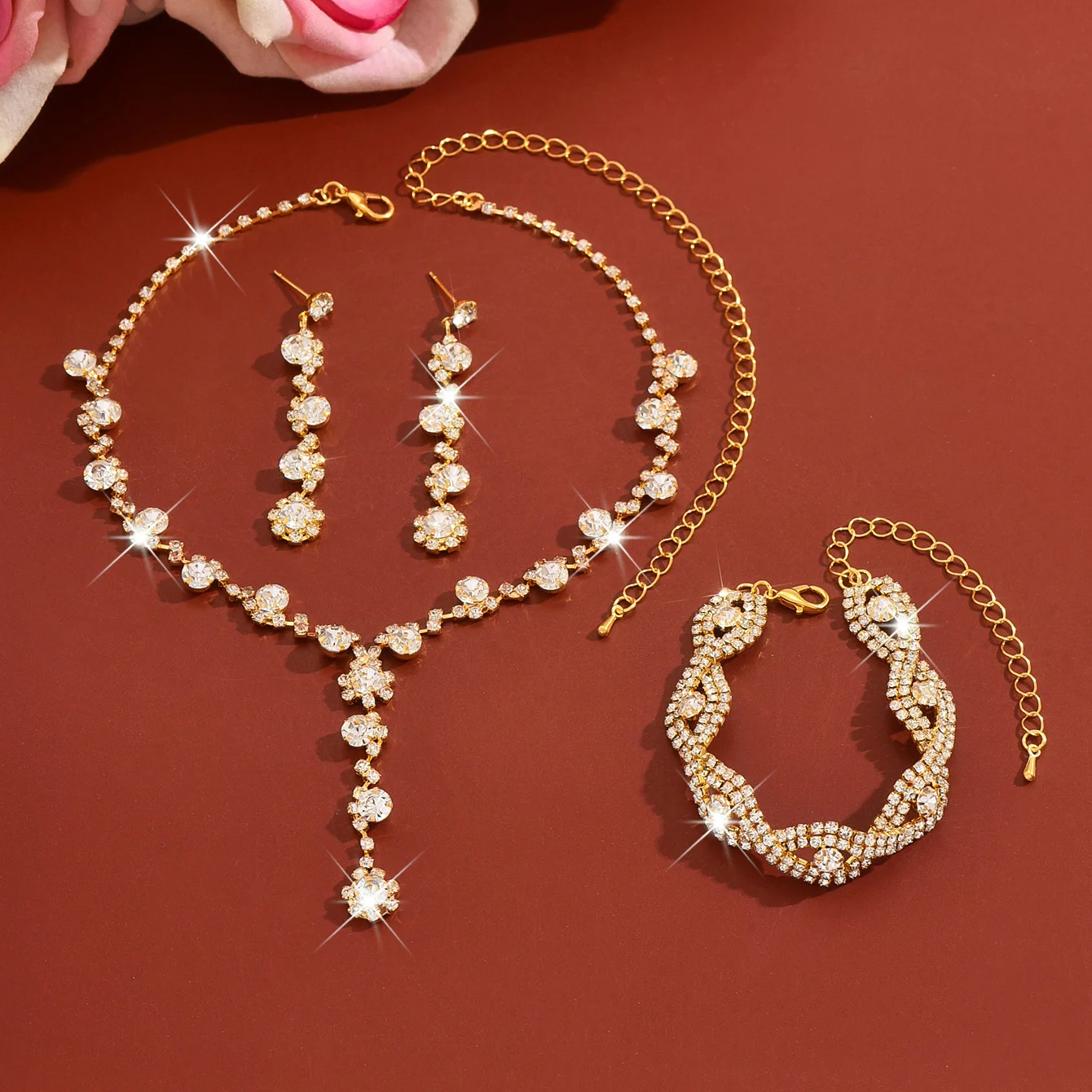 Earrings, necklaces and bracelets set with zircon and rhinestones - fashionable bridal wedding jewelry.
Earrings, necklaces and bracelets set with zircon and rhinestones - fashionable bridal wedding jewelry.