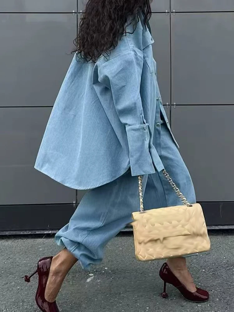 Elegant Lapel Single Breasted Shirts & Long Pants Sets Women Casual Street Blue Denim Outfits Fashion Long Sleeve Loose 2Pc Suit
Elegant Lapel Single Breasted Shirts & Long Pants Sets Women Casual Street Blue Denim Outfits Fashion Long Sleeve Loose 2Pc Suit