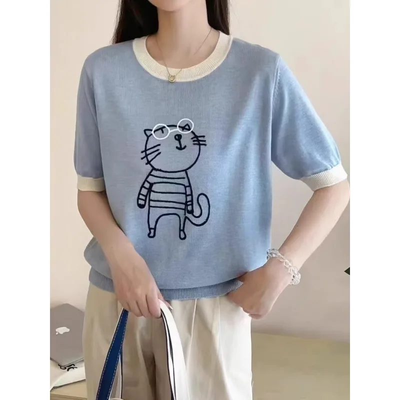 Foreign style kitten embroidered round neck ice silk knitted short sleeve women's summer loose half sleeve T-shirt
Foreign style kitten embroidered round neck ice silk knitted short sleeve women's summer loose half sleeve T-shirt
