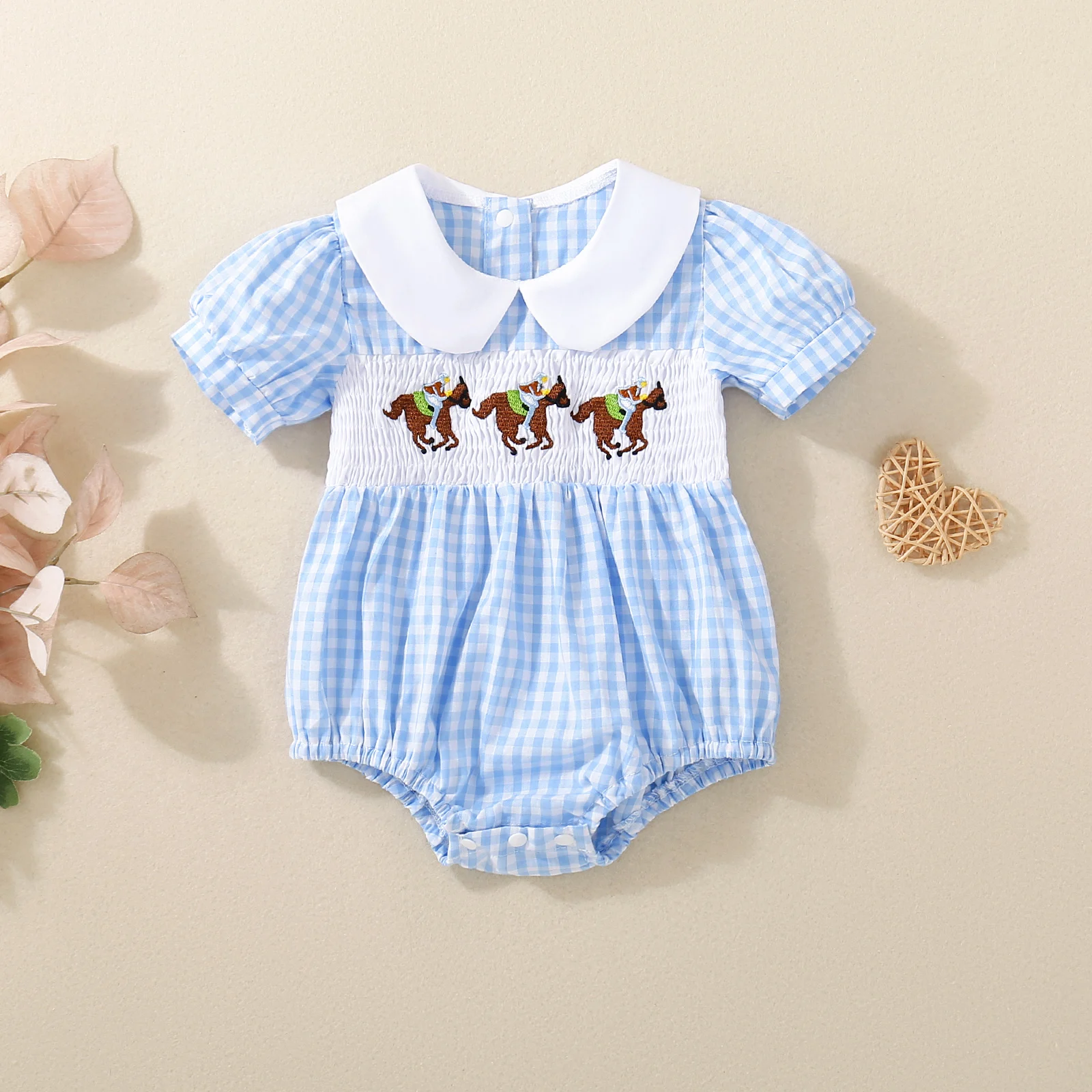 Unisex Baby Girl Summer Short-Sleeved Doll Collar Blue Checkered Pony Embroidered Harem
Unisex Baby Girl Summer Short-Sleeved Doll Collar Blue Checkered Pony Embroidered Harem