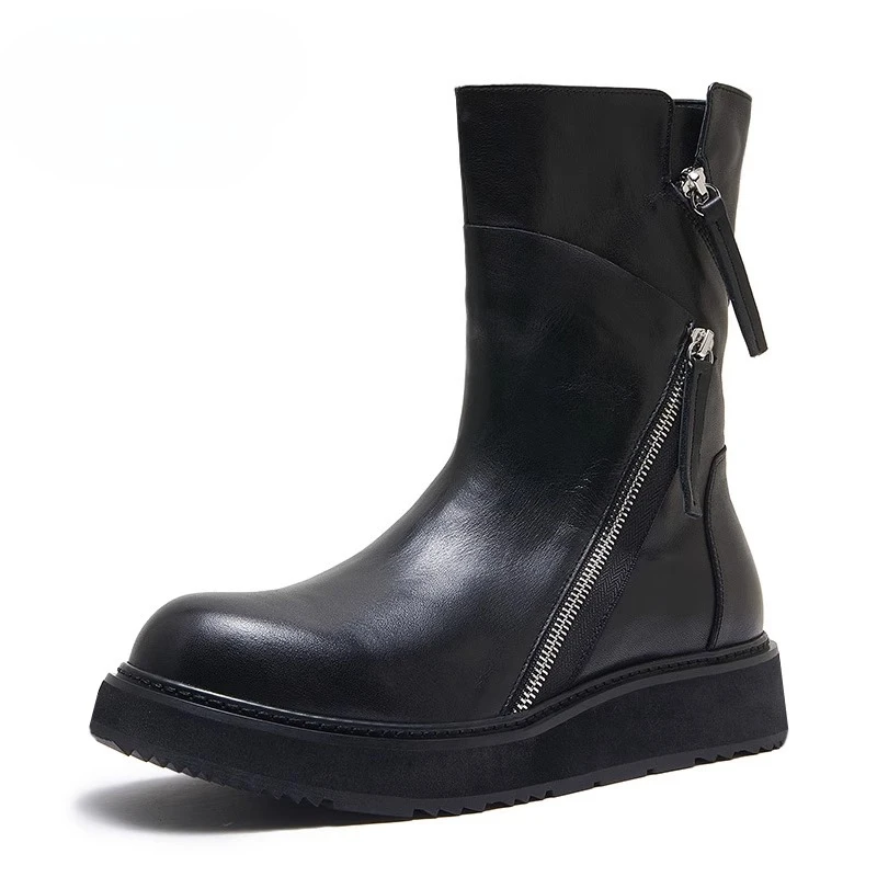 British Black Cowhide Trendy Riding Boots Men's Shoes Thick-soled Platform Chelsea Mid-calf Motorcycle Boots Male High Top
British Black Cowhide Trendy Riding Boots Men's Shoes Thick-soled Platform Chelsea Mid-calf Motorcycle Boots Male High Top