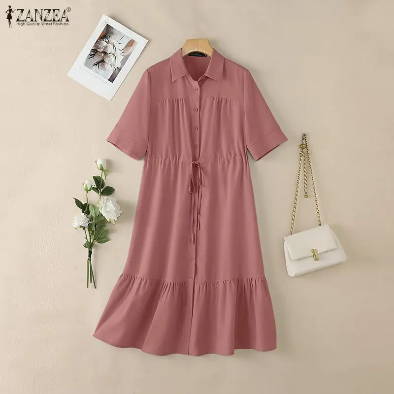 Women's Half Sleeve Midi Dress Collared Button Up Drawstring Waist Ruffled Hem Dresses ZANZEA Summer Solid Color Robes Femme
Women's Half Sleeve Midi Dress Collared Button Up Drawstring Waist Ruffled Hem Dresses ZANZEA Summer Solid Color Robes Femme