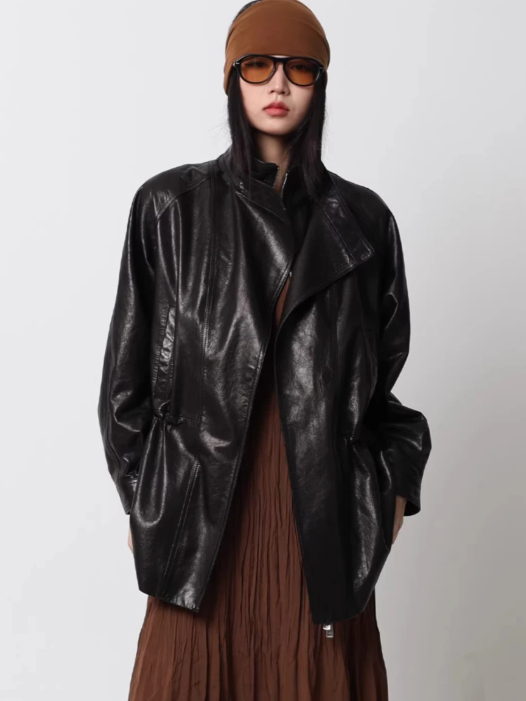 Genuine Leather Windbreaker Jackets for Women Spring Autumn High-end Simple Stand Collar Soft Oil Wax Black Real Goatskin Coat
Genuine Leather Windbreaker Jackets for Women Spring Autumn High-end Simple Stand Collar Soft Oil Wax Black Real Goatskin Coat