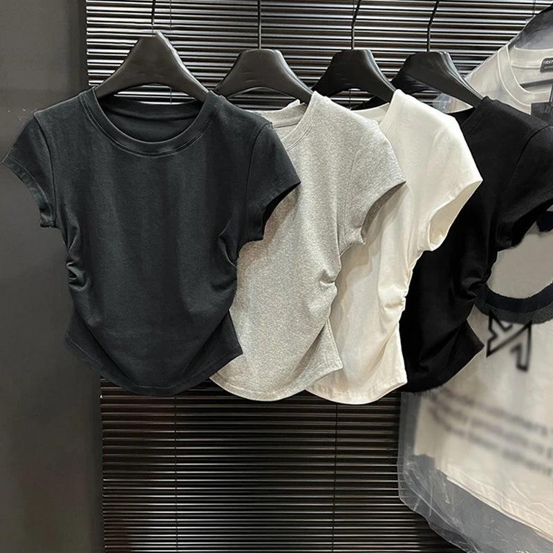 Summer Fashion Solid Color Round Neck Short Sleeve Pleated Irregular Slim T-shirt Women's Casual Crop Top
Summer Fashion Solid Color Round Neck Short Sleeve Pleated Irregular Slim T-shirt Women's Casual Crop Top