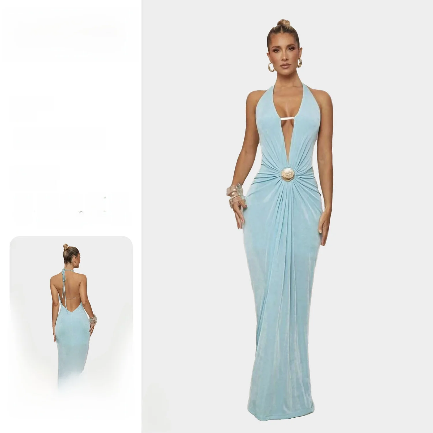 Sexy Hanging Neck Dress Backless Long Dress Metal Buckle Slimming Women's Clothing Elegant Knitted Dress V-neck Sleeveless
Sexy Hanging Neck Dress Backless Long Dress Metal Buckle Slimming Women's Clothing Elegant Knitted Dress V-neck Sleeveless