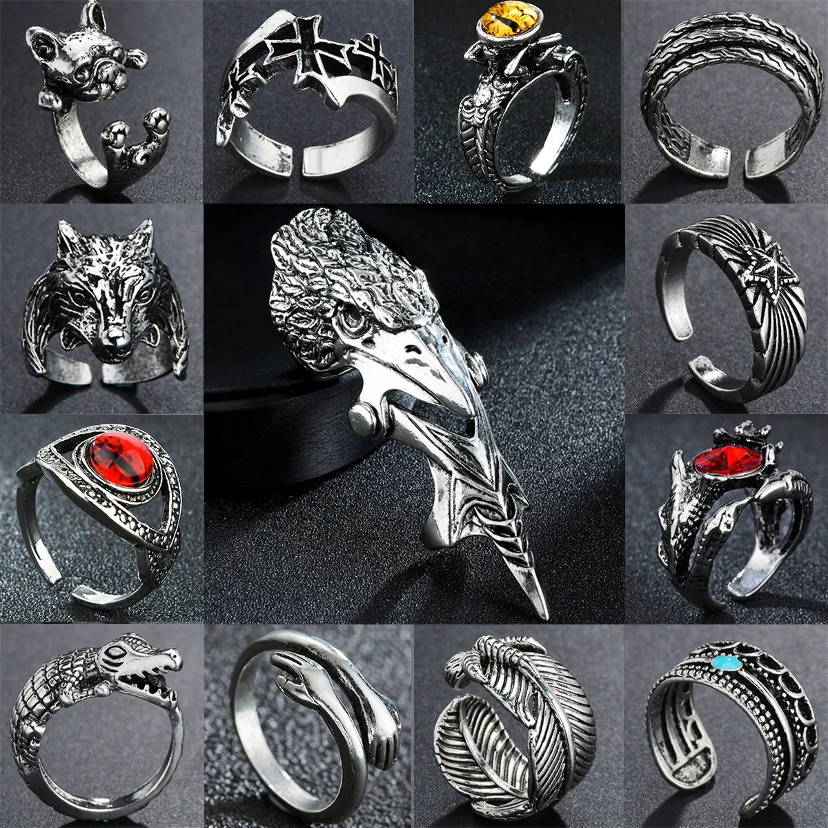 Punk Vintage Animal/Feather/Leaf /Crystal Open Ring Male Jewelry European Men Gothic Rock Metal Color Adjustable Ring Anillo
Punk Vintage Animal/Feather/Leaf /Crystal Open Ring Male Jewelry European Men Gothic Rock Metal Color Adjustable Ring Anillo