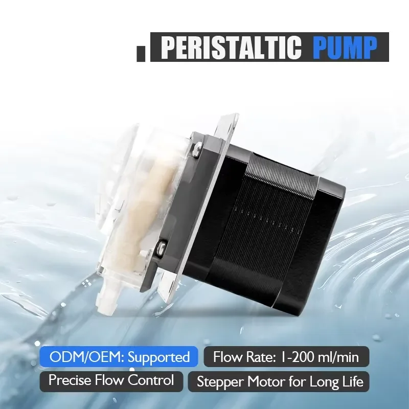 Small Peristaltic Pump for Beverage Dispenser 24V Stepper Motor 0-200ml/min 5000h Lifespan with Silicone Tubing
Small Peristaltic Pump for Beverage Dispenser 24V Stepper Motor 0-200ml/min 5000h Lifespan with Silicone Tubing