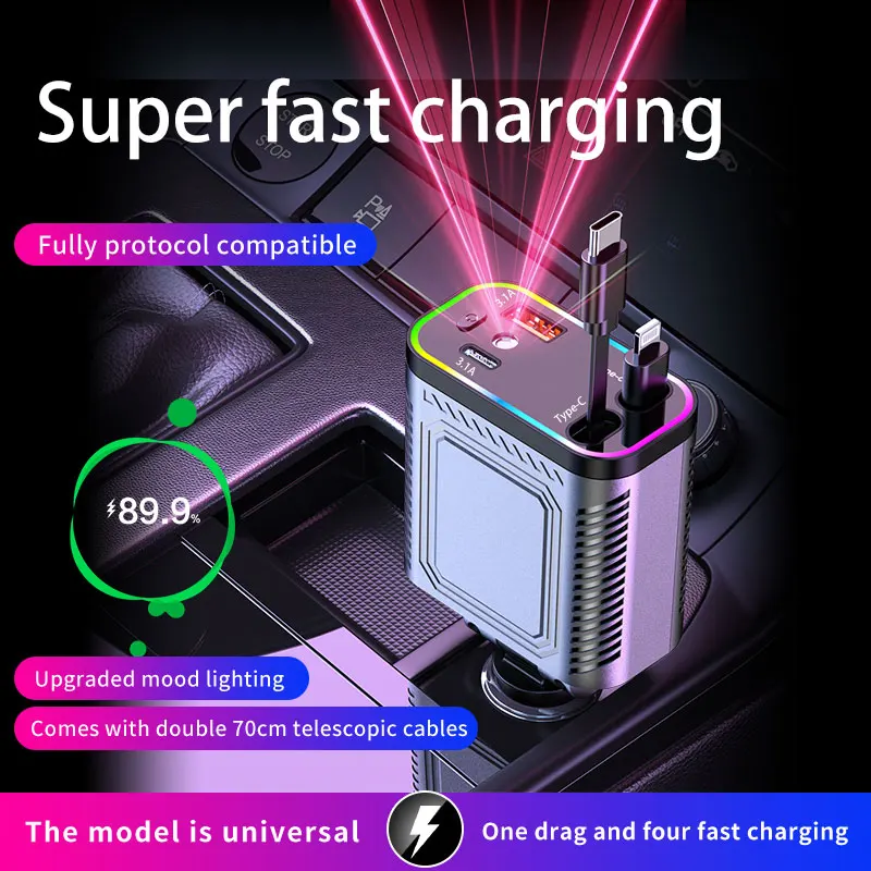 4 IN 1 Retractable Car Charger Mobile Phone USB PD Type C Cable For iPhone Fast Charge Cord Cigarette Lighter QC Adapter
4 IN 1 Retractable Car Charger Mobile Phone USB PD Type C Cable For iPhone Fast Charge Cord Cigarette Lighter QC Adapter