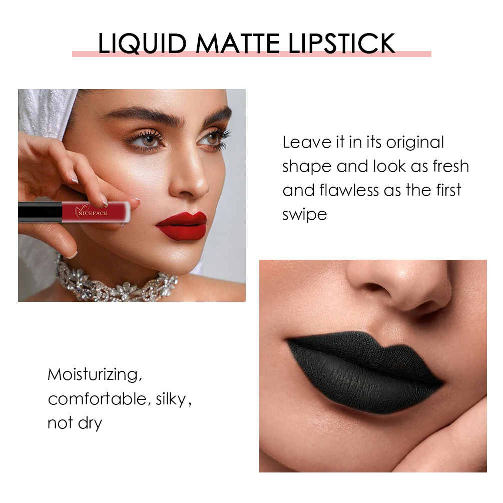 NICEFACE Nude Matte Lip Gloss Waterproof Liquid Lipstick Long Lasting Sexy Red Purple Black Lip Glaze Makeup For Women Lip Tint