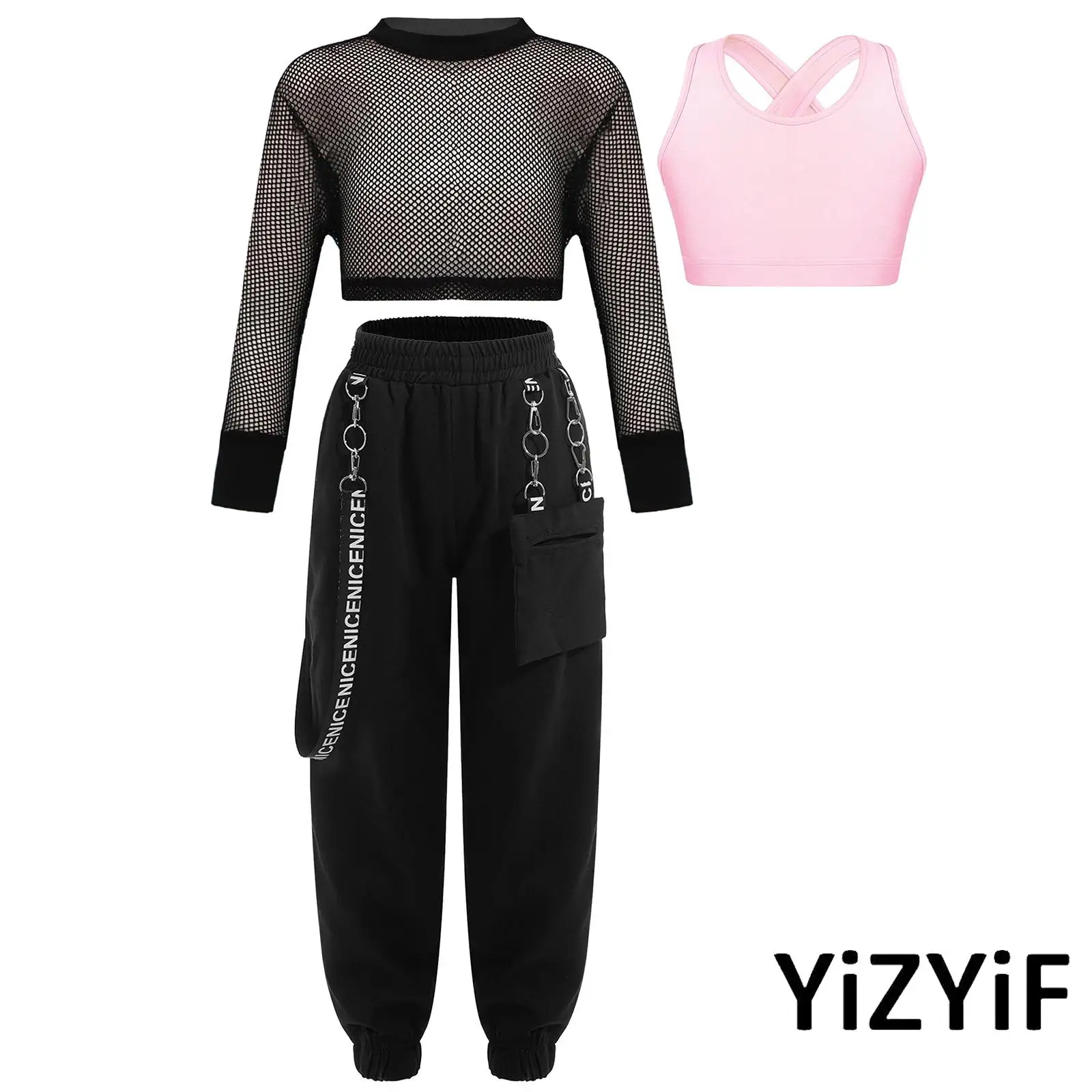 Girls Street Dance Costume 3 Pieces Cross Back Sleeveless Vest with Cargo Pants And Mesh Long Sleeve Crop Top for Hip Hop Jazz
Girls Street Dance Costume 3 Pieces Cross Back Sleeveless Vest with Cargo Pants And Mesh Long Sleeve Crop Top for Hip Hop Jazz