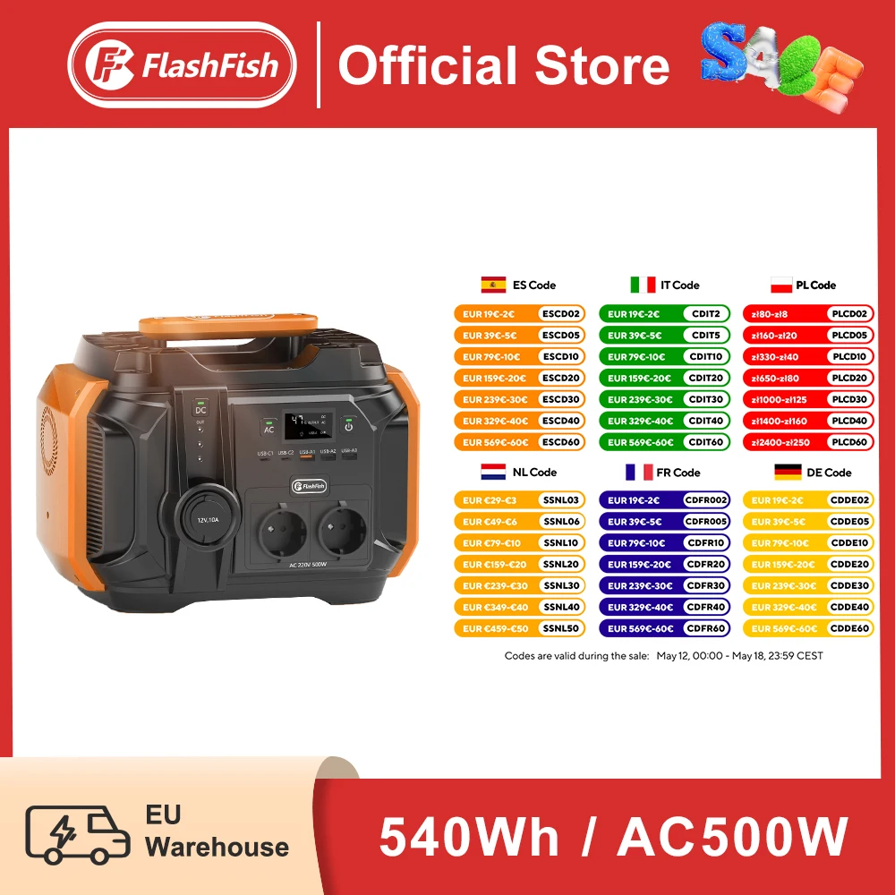 FF Flashfish AC 230V 500W(Peak 1000W) Portable Power Station EU Solar Generator 540Wh 120W DC Power Battery Camping Outdoor RV
FF Flashfish AC 230V 500W(Peak 1000W) Portable Power Station EU Solar Generator 540Wh 120W DC Power Battery Camping Outdoor RV