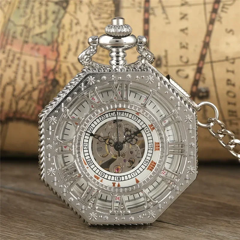 Silver Hollow Octagon Men Women Hand-winding Mechanical Pocket Watch Skeleton Clock Roman Number Dial Pendant Chain Reloj
Silver Hollow Octagon Men Women Hand-winding Mechanical Pocket Watch Skeleton Clock Roman Number Dial Pendant Chain Reloj