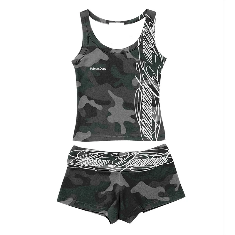 American ins style camouflage digital printing design two-piece short slim vest spice shorts street fashion suit 2026 summer
American ins style camouflage digital printing design two-piece short slim vest spice shorts street fashion suit 2026 summer