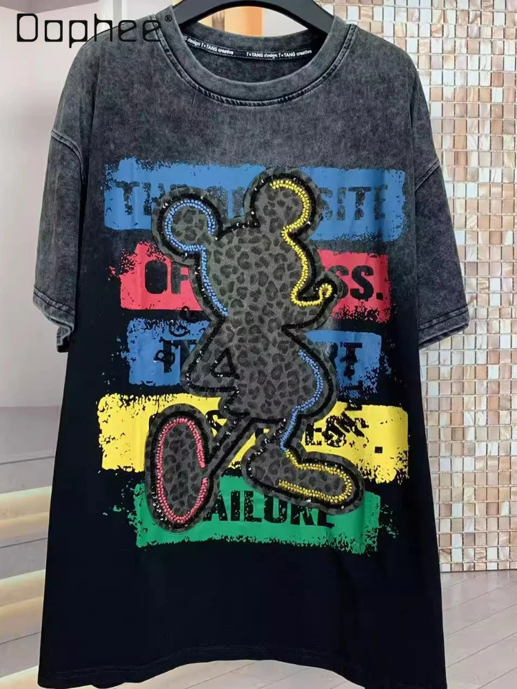 Trendy Brand Cartoon Printed Sequin Short-sleeved T-shirt Women 2025 Summer New Cartoon Fashion Loose Fashion Medium Length Top 
Trendy Brand Cartoon Printed Sequin Short-sleeved T-shirt Women 2025 Summer New Cartoon Fashion Loose Fashion Medium Length Top
