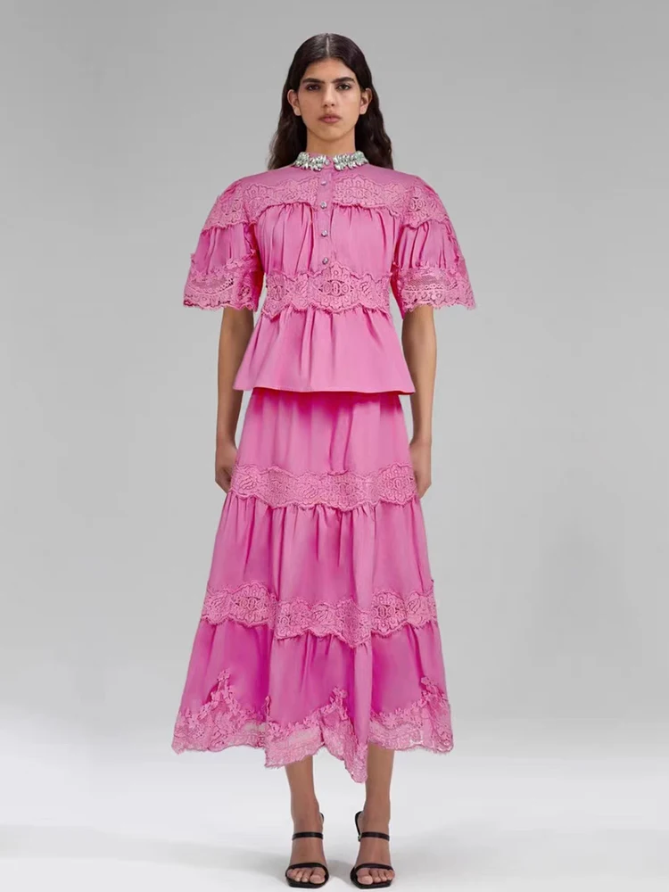 Stand collar nailed beaded lace pleated shirt two-piece 2025 summer women's wear + elastic waist multi-level A-line skirt set
Stand collar nailed beaded lace pleated shirt two-piece 2025 summer women's wear + elastic waist multi-level A-line skirt set