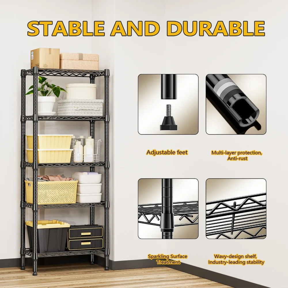 1250 Lbs 5-Tier Metal Shelving Unit, Wire Rack Organizers for Garage, Kitchen, Bathroom, Measuring 11.8" D X 23.6" W X 59.5" H
1250 Lbs 5-Tier Metal Shelving Unit, Wire Rack Organizers for Garage, Kitchen, Bathroom, Measuring 11.8" D X 23.6" W X 59.5" H