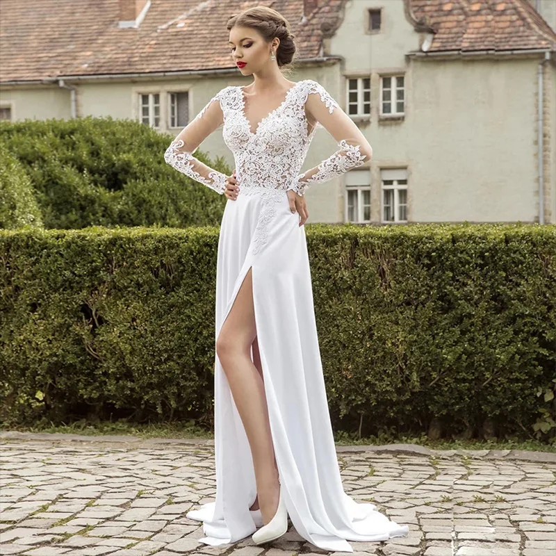 Sexy Modern A-Line Casual Wedding Dress V Neck Lace High Split Long Sleeves Bridal Gown Beach Evening Prom 2025 Free Customized
Sexy Modern A-Line Casual Wedding Dress V Neck Lace High Split Long Sleeves Bridal Gown Beach Evening Prom 2025 Free Customized