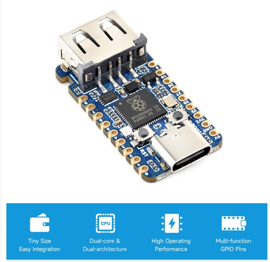 Мини-плата разработки USB RP2350A, на базе двухъядерного и двухъядерного микроконтроллера Raspberry Pi RP2350A
Мини-плата разработки USB RP2350A, на базе двухъядерного и двухъядерного микроконтроллера Raspberry Pi RP2350A