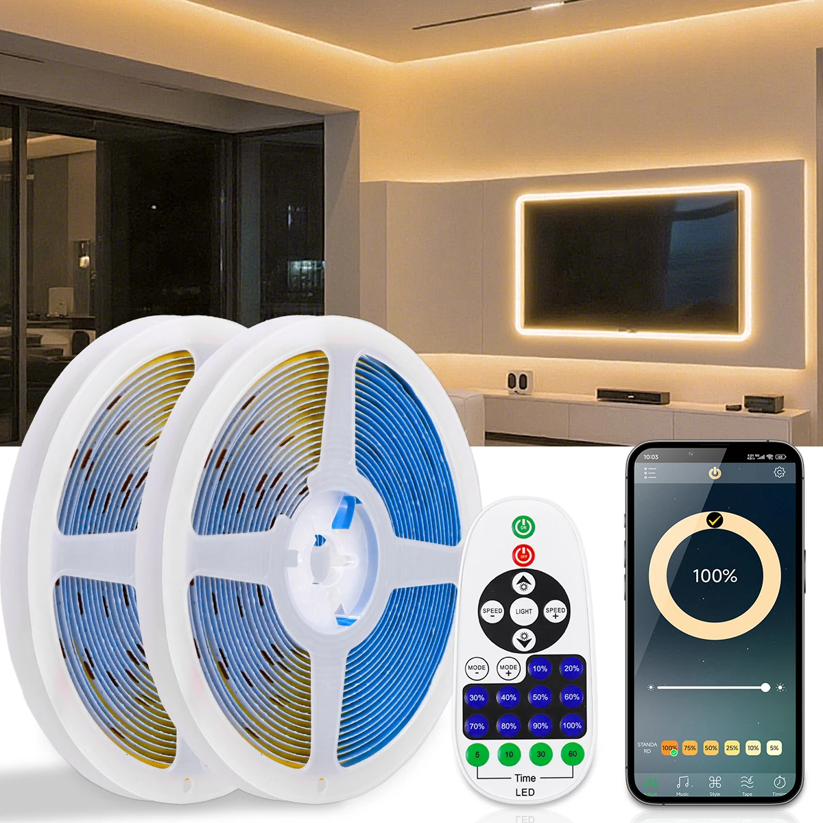 Светодиодная лента COB 24В с регулируемой яркостью, управлением через Bluetooth-приложение и радиочастотным пультом ДУ, 320 светодиодов/м, для кухни, лестниц, подсветки.
Светодиодная лента COB 24В с регулируемой яркостью, управлением через Bluetooth-приложение и радиочастотным пультом ДУ, 320 светодиодов/м, для кухни, лестниц, подсветки.