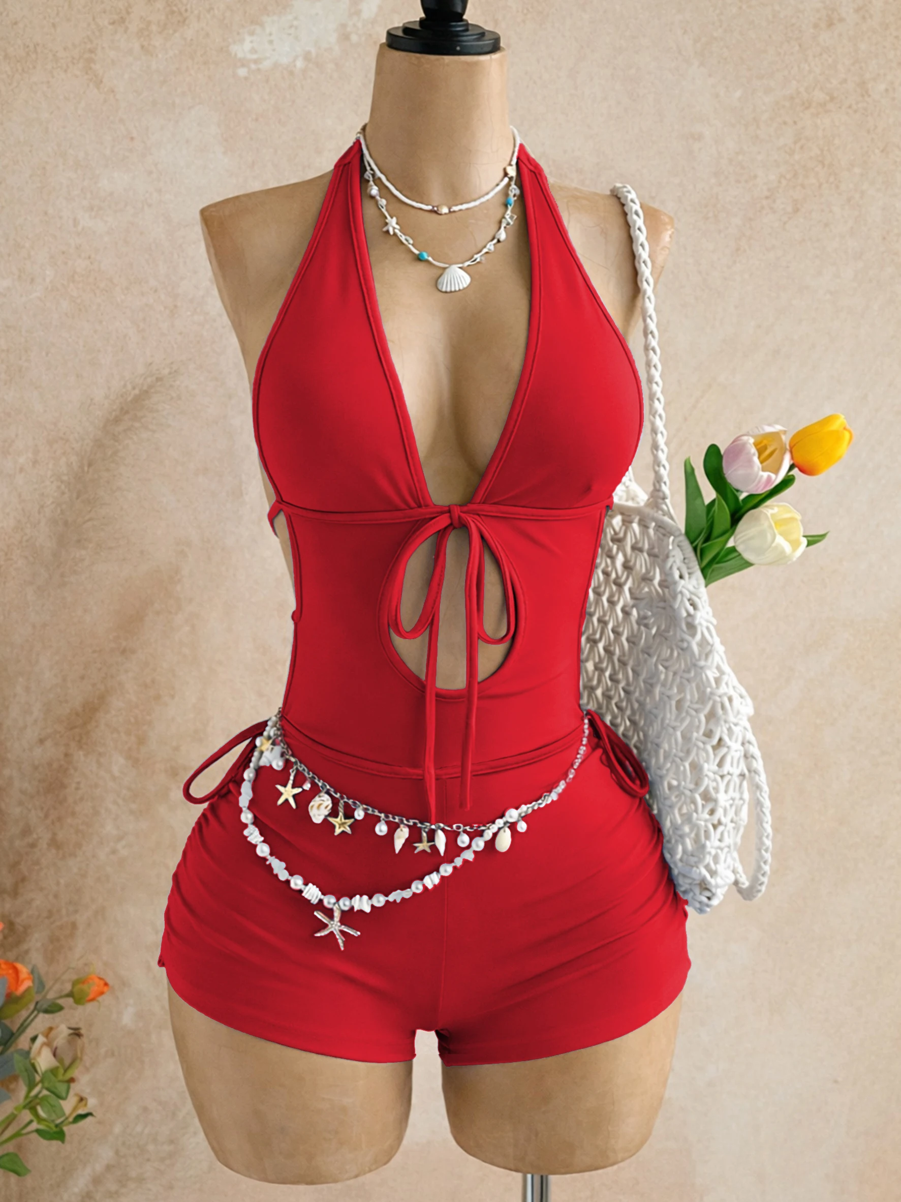 American-Style Spicy Girl Red One-Piece Jumpsuit, Halter Neck, Deep V, Backless, Tie-Waist, Slimming, Short Beach Vacation Jumpsuit
American-Style Spicy Girl Red One-Piece Jumpsuit, Halter Neck, Deep V, Backless, Tie-Waist, Slimming, Short Beach Vacation Jumpsuit