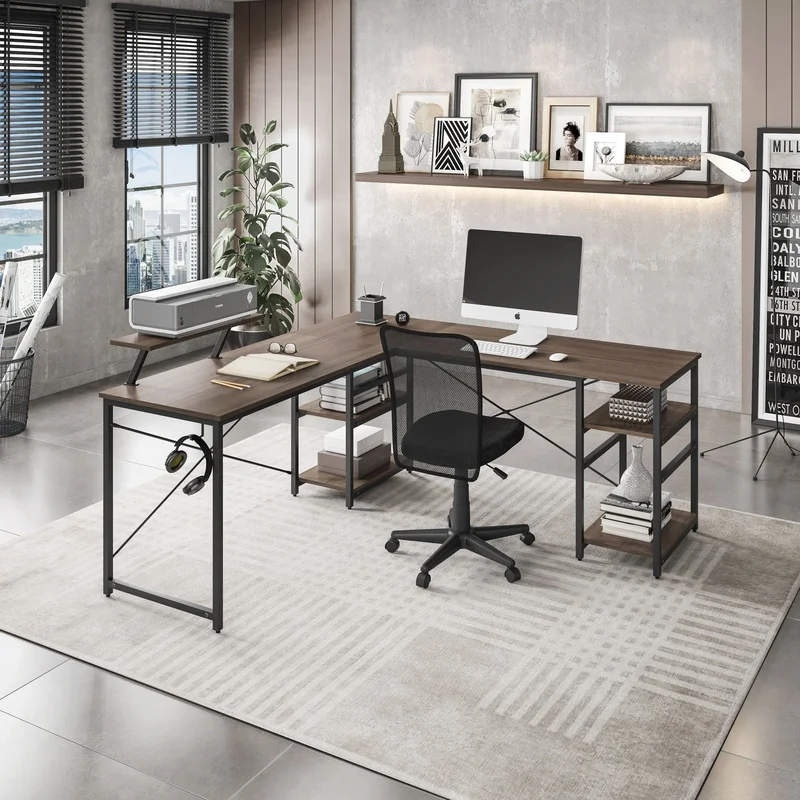 L-Shape Industrial Desk with Storage Shelves, Walnut Finish
L-Shape Industrial Desk with Storage Shelves, Walnut Finish