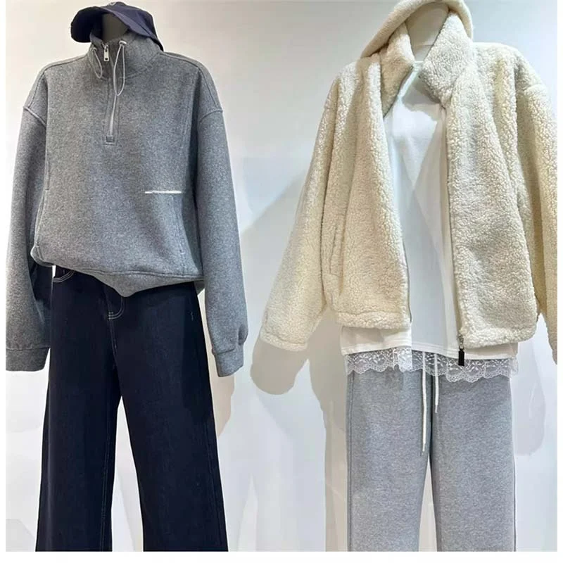Grey Thickened Fleece Drawstring Hoodie Women's Loose Fit Casual Style Zipper Stand Collar Sweatshirt Trendy Autumn Winter Top
Grey Thickened Fleece Drawstring Hoodie Women's Loose Fit Casual Style Zipper Stand Collar Sweatshirt Trendy Autumn Winter Top