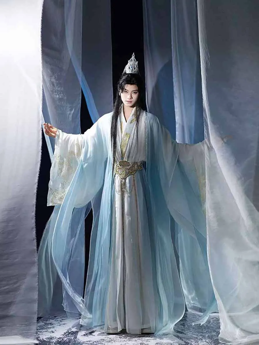 Men Hanfu Traditional Chinese Blue White Ancient Costume, Xianxia Style Flowing Robe with Gold Embroidery, for Cosplay & Stage
Men Hanfu Traditional Chinese Blue White Ancient Costume, Xianxia Style Flowing Robe with Gold Embroidery, for Cosplay & Stage