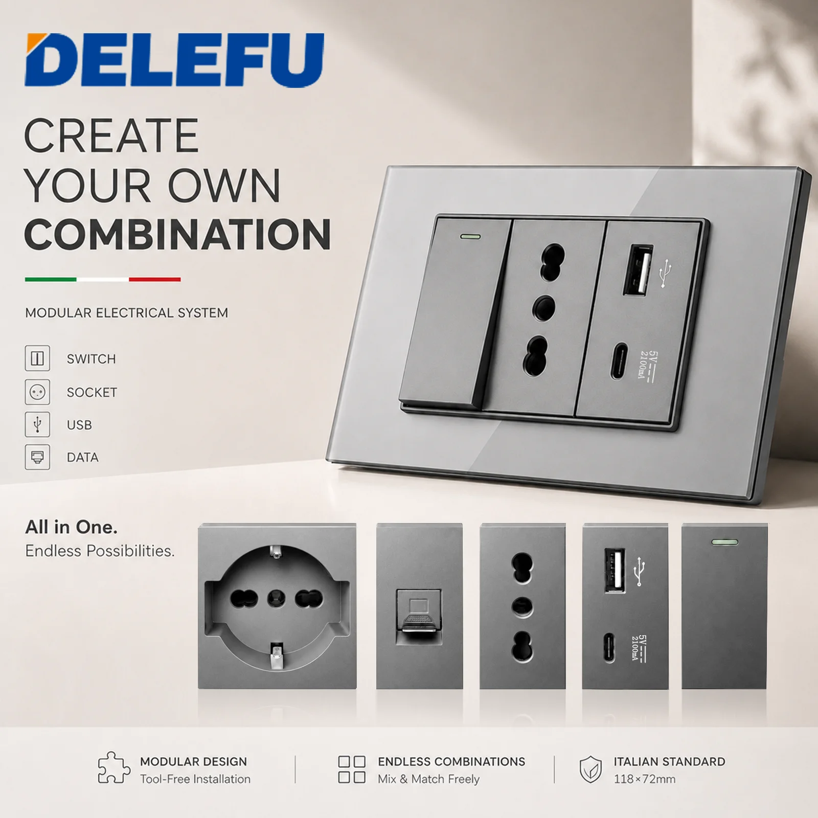DELEFU Grey Italian 122×76mm Modular Wall Socket Switch Panel, Schuko EU Bipasso Socket USB A Type C Fast Charging CAT6 RJ45 Net
DELEFU Grey Italian 122×76mm Modular Wall Socket Switch Panel, Schuko EU Bipasso Socket USB A Type C Fast Charging CAT6 RJ45 Net