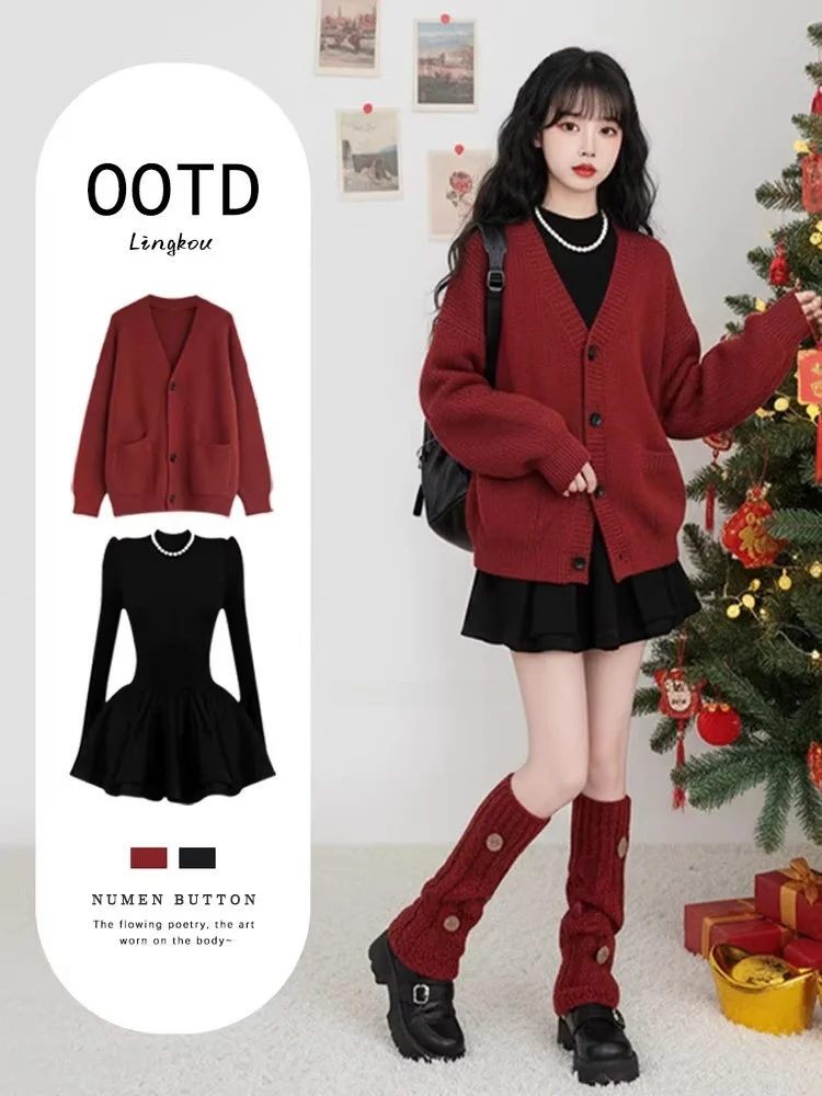 Korean Sle Knitted Set Women's New Year Robe Red Beautiful Slimming Dr Two-Piece Set Loose Fit Long Sve V-Ne Dr
Korean Sle Knitted Set Women's New Year Robe Red Beautiful Slimming Dr Two-Piece Set Loose Fit Long Sve V-Ne Dr