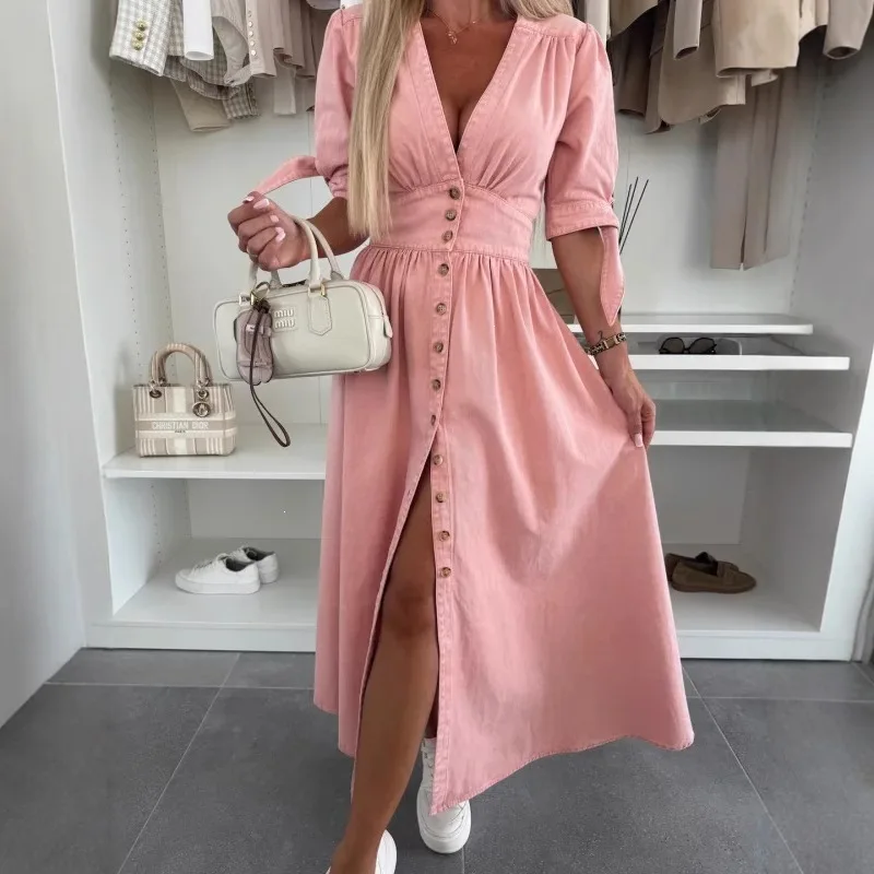 Summer Trendy V-neck Long Skirt for Women Short Sleeve Loose Cowboy Button Dress Fashion 2026
Summer Trendy V-neck Long Skirt for Women Short Sleeve Loose Cowboy Button Dress Fashion 2026