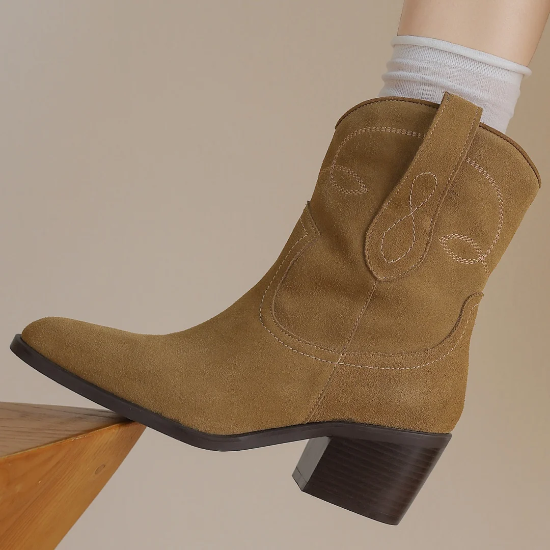 Women's natural suede leather round toe embroidery slip-on autumn ankle boots 6cm thick high heel elegant ladies western boots
Women's natural suede leather round toe embroidery slip-on autumn ankle boots 6cm thick high heel elegant ladies western boots