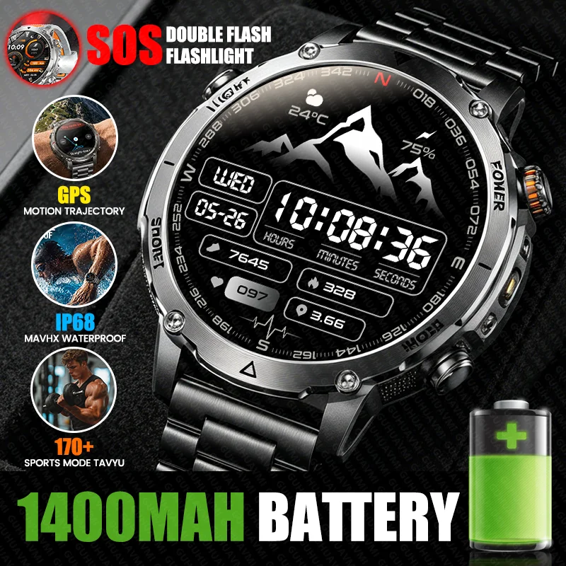 New 1400mAh Battery Life Smart Watch Outdoor GPS IP68 Waterproof 170+sport Mode SOS Dual Flash Flashlight BT Call Men Smartwatch
New 1400mAh Battery Life Smart Watch Outdoor GPS IP68 Waterproof 170+sport Mode SOS Dual Flash Flashlight BT Call Men Smartwatch