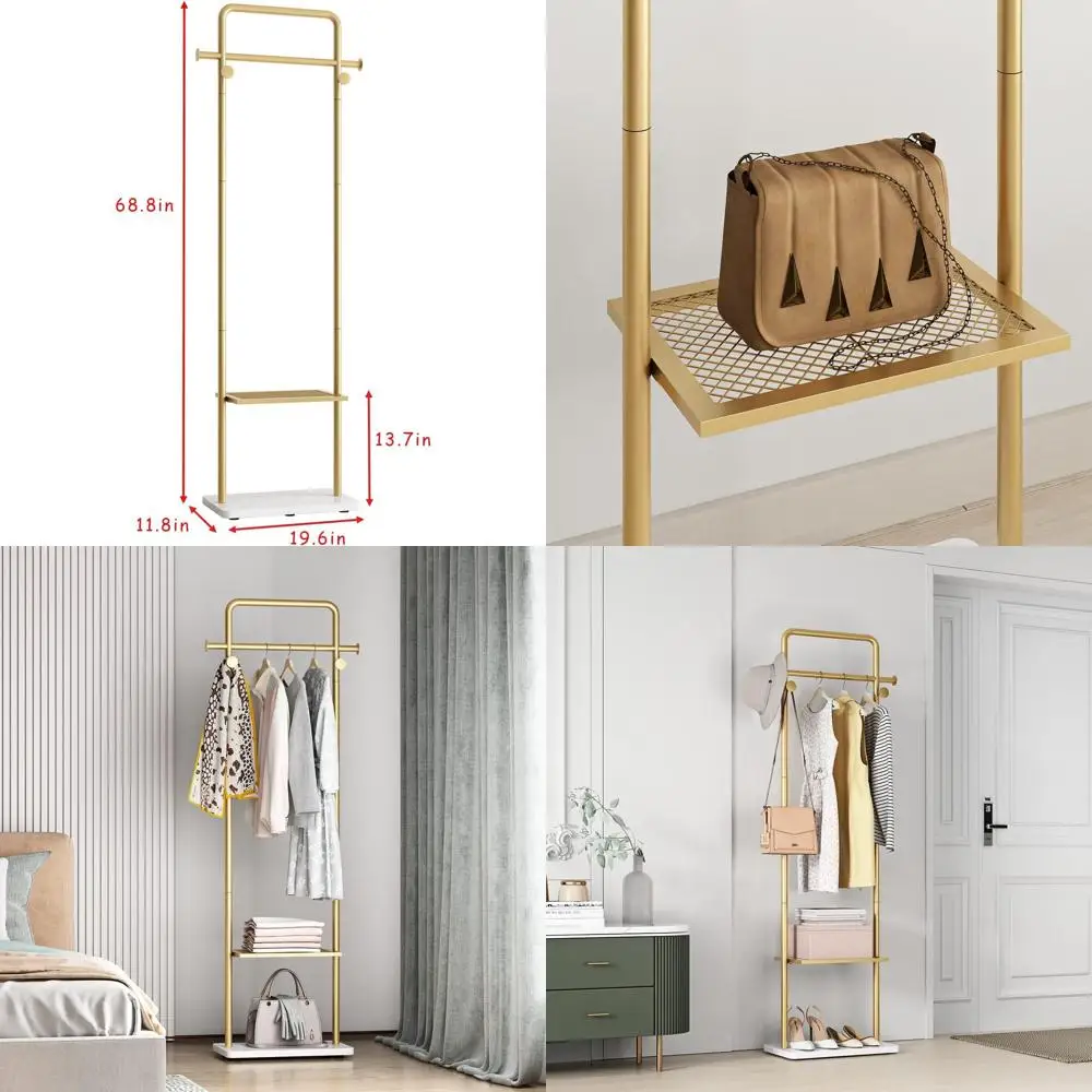 Sturdy Gold Metal Clothing Rack with Shelves for Hanging Garments and Storage
Sturdy Gold Metal Clothing Rack with Shelves for Hanging Garments and Storage