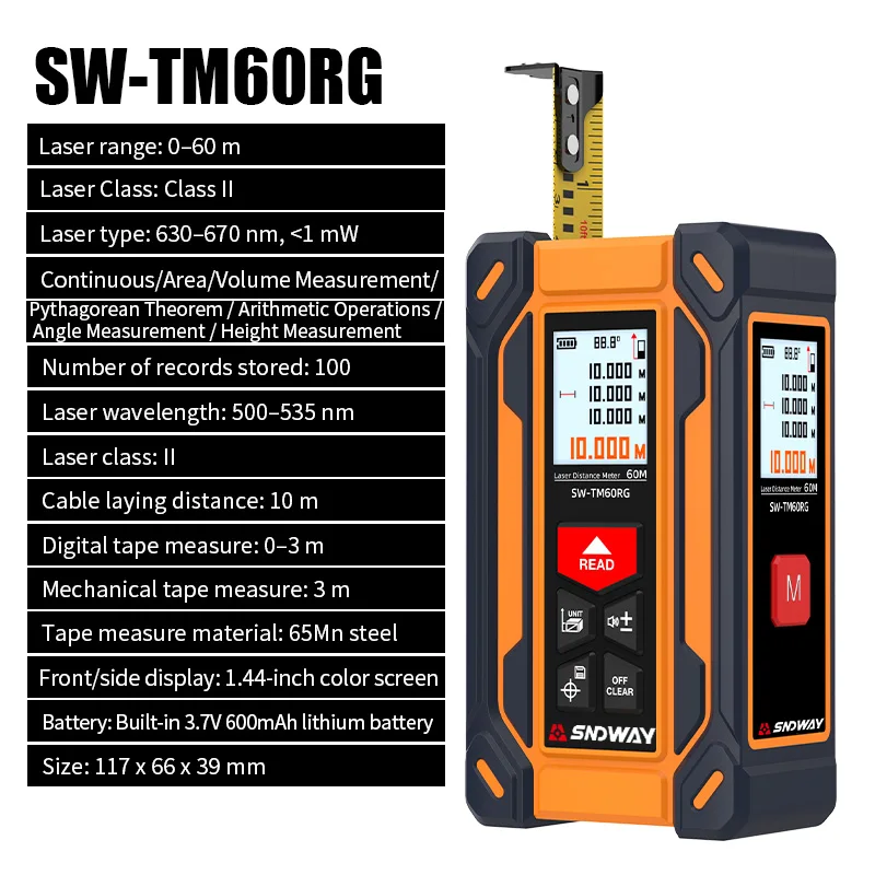 SNDWAY 4-in-1 Green Laser Rangefinder with Tape Measure,Dual-Sided Color Screen, Rechargeable, Multifunctional Measuring Tool
SNDWAY 4-in-1 Green Laser Rangefinder with Tape Measure,Dual-Sided Color Screen, Rechargeable, Multifunctional Measuring Tool