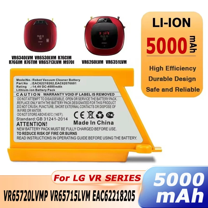 Newly Upgraded Robot Vacuum Cleaner Battery 5000mAh For LG EAC62218202 VR64703LVMB,VR7412RB,14.4V lithium-ion battery pack
Newly Upgraded Robot Vacuum Cleaner Battery 5000mAh For LG EAC62218202 VR64703LVMB,VR7412RB,14.4V lithium-ion battery pack