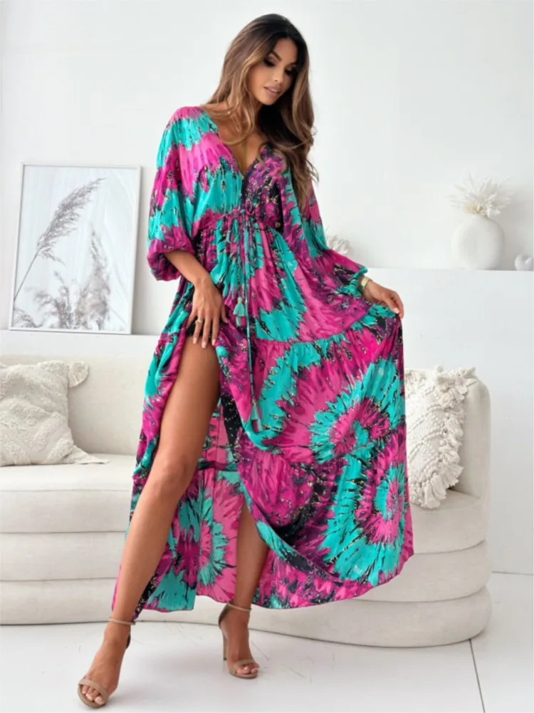Spring Summer Women's Fashionable Printed Deep V-neck Nine Cent Bat Sleeve Waist Strap Hundred Fold Large Swing Dress
Spring Summer Women's Fashionable Printed Deep V-neck Nine Cent Bat Sleeve Waist Strap Hundred Fold Large Swing Dress