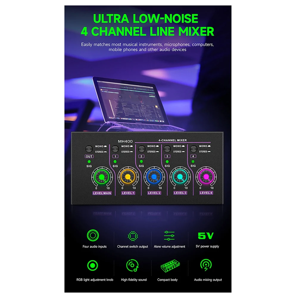 GAX-MH400 Ultra Low Noise Mini 4-Channel Mixer Mini Stereo Mixer Mixer Output Device Microphone Guitar Mixer EU-Plug
GAX-MH400 Ultra Low Noise Mini 4-Channel Mixer Mini Stereo Mixer Mixer Output Device Microphone Guitar Mixer EU-Plug