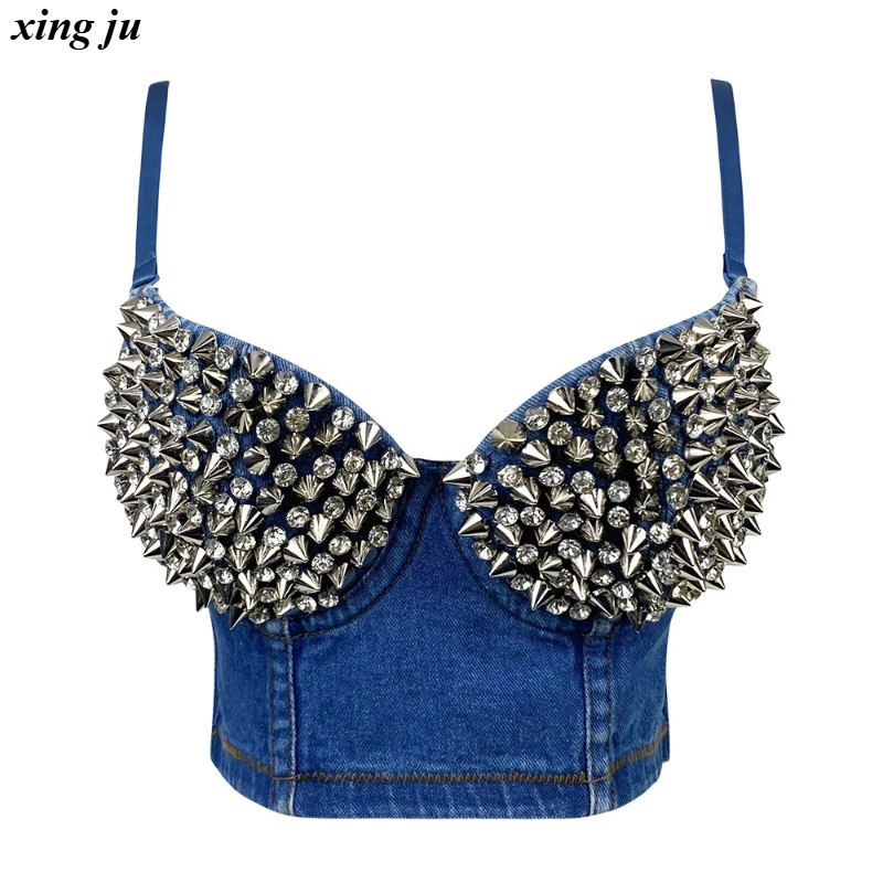 Xing Ju Nightclub Sexy Rivets Rhinestone Crop Tops Fashion Fishbone Corset Summer V-neck Denim Vest Women Jazz Dance Stage Wear
Xing Ju Nightclub Sexy Rivets Rhinestone Crop Tops Fashion Fishbone Corset Summer V-neck Denim Vest Women Jazz Dance Stage Wear