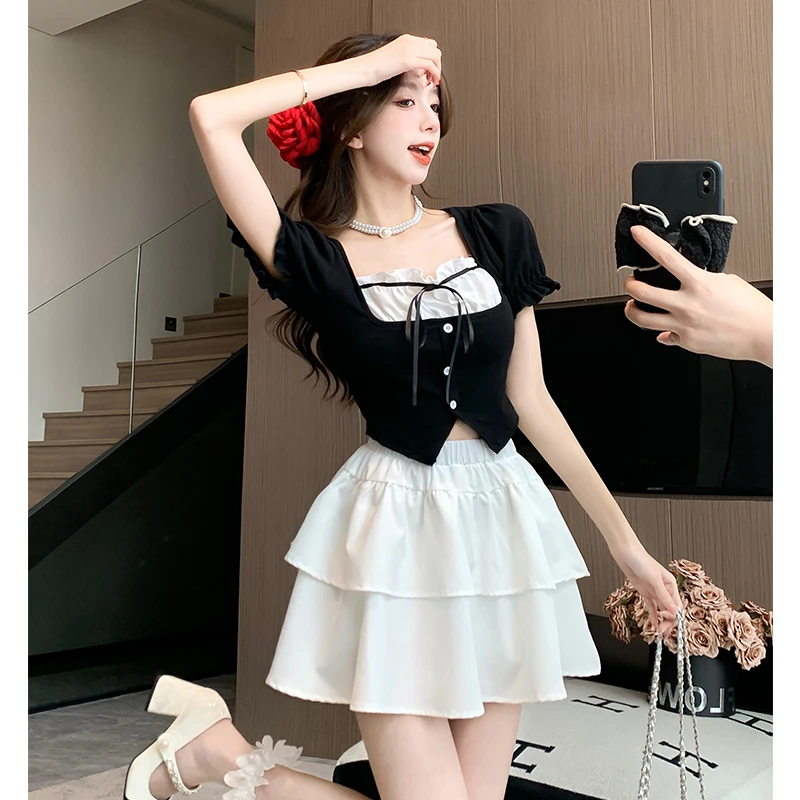 Pure Ballet Style Square Neck T-shirt Short Skirt Spicy Girl Slim Fit Contrast Color Two Piece Set Sweet and Spicy Girl Skirt
Pure Ballet Style Square Neck T-shirt Short Skirt Spicy Girl Slim Fit Contrast Color Two Piece Set Sweet and Spicy Girl Skirt