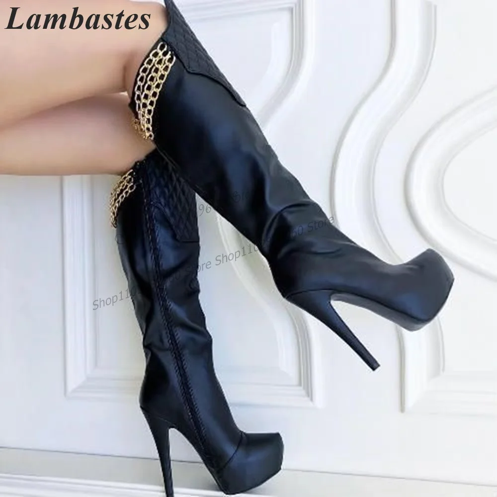 Knee High Black Platform Matte Leather Metal Chain Boots Thin High Heel Women Shoes Side Zipper Peep Toe 2023 Zapatillas Mujer
Knee High Black Platform Matte Leather Metal Chain Boots Thin High Heel Women Shoes Side Zipper Peep Toe 2023 Zapatillas Mujer