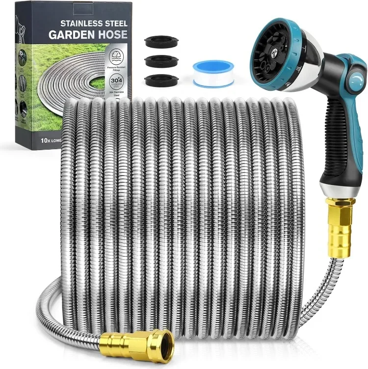 Good Garden Hose 100FT,304 Stainless Steel Water Hose with 10-Mode Nozzle,Heavy Duty Flexible Kink Free
Good Garden Hose 100FT,304 Stainless Steel Water Hose with 10-Mode Nozzle,Heavy Duty Flexible Kink Free