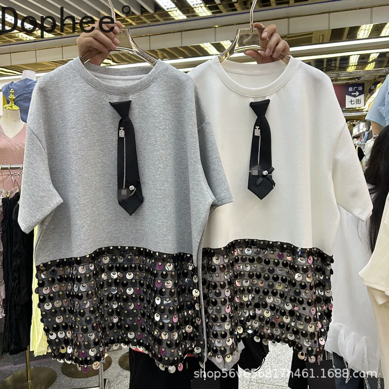 2025 New Spring Summer Loose Short Sleeve T-shirt Large Size Women Pullover Top Diamonds Sequins Mid-long Women Hoodie Tops
2025 New Spring Summer Loose Short Sleeve T-shirt Large Size Women Pullover Top Diamonds Sequins Mid-long Women Hoodie Tops